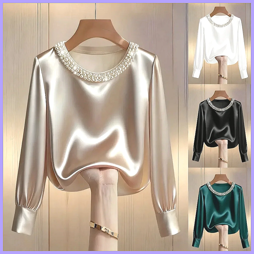 Silk Blouse Button - Elegant Beaded Satin Blouse for Women,