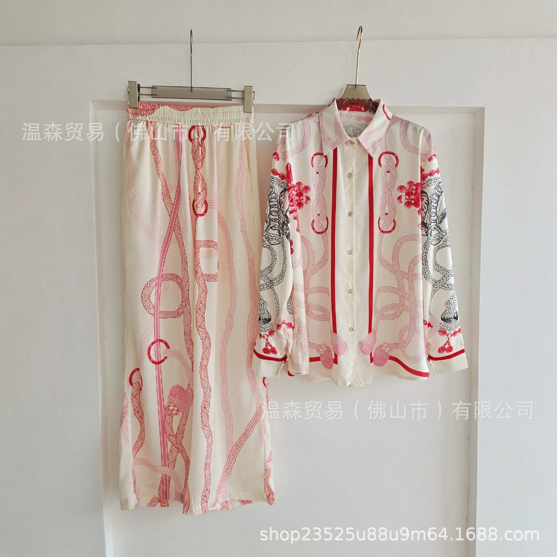 Silk Blouse Button - Baroque French Designer Printed Two Piece
