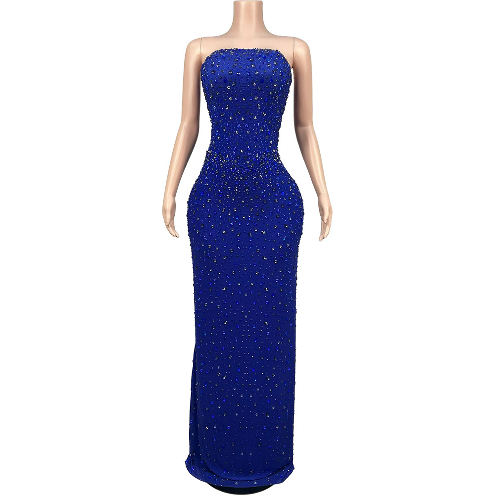 Women Luxury Formal Wear - Sparkly Rhinestone Blue Strapless Evening Gown