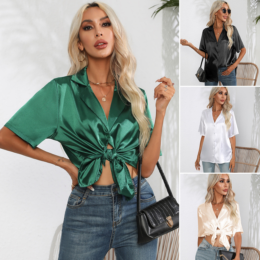 Women's New Solid Color Satin  - Silk Blouse Button recension och pris
