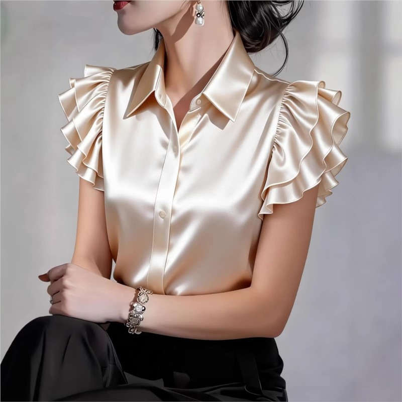 Casual Ruffle Short Sleeve Blo - Silk Blouse Button recension och pris