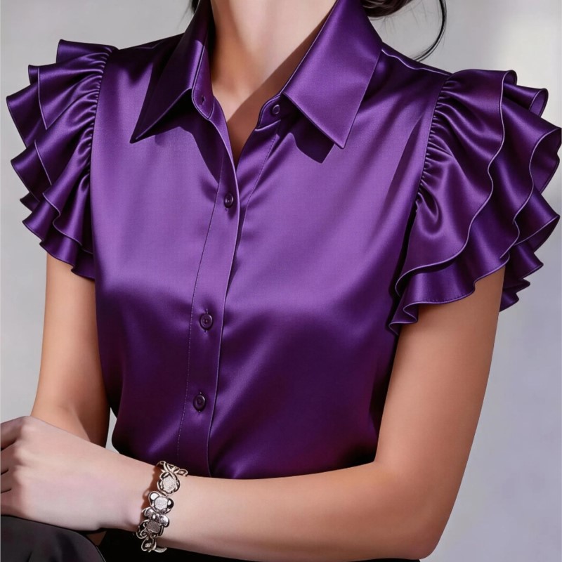 Casual Ruffle Short Sleeve Blo - Silk Blouse Button recension och pris