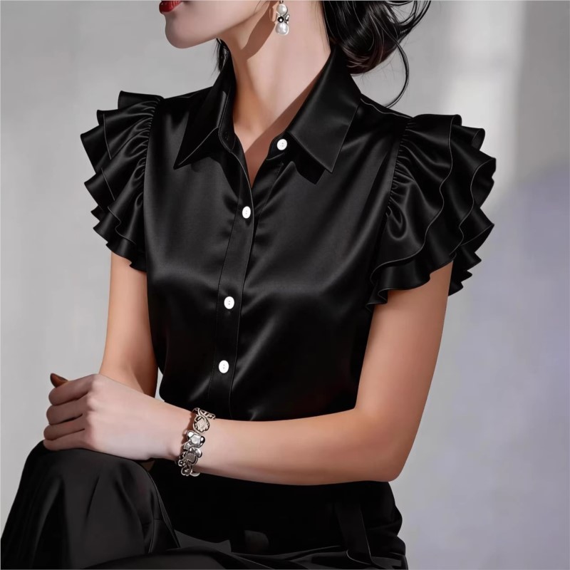 Casual Ruffle Short Sleeve Blo - Silk Blouse Button recension och pris