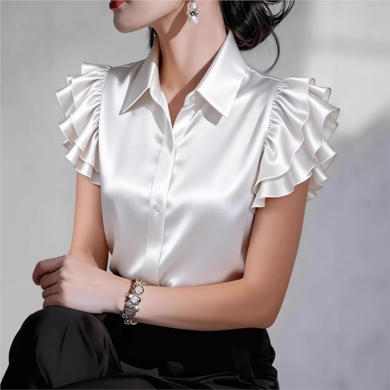 Casual Ruffle Short Sleeve Blo - Silk Blouse Button recension och pris