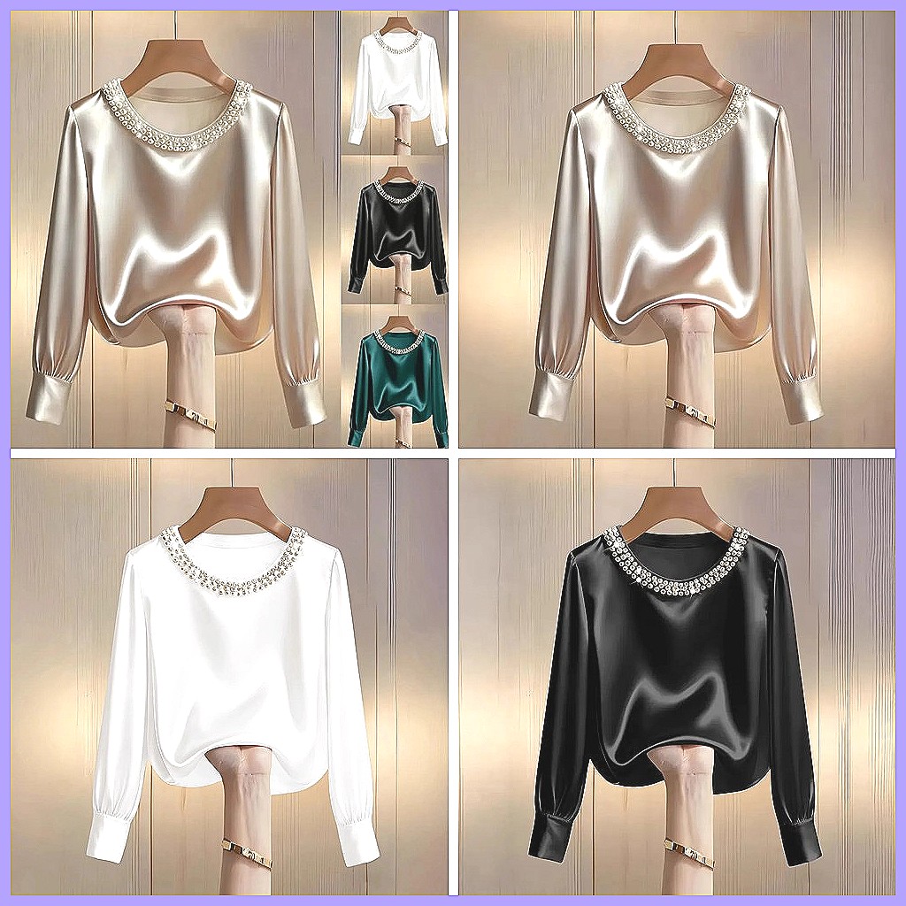 Elegant Beaded Satin Blouse fo - Silk Blouse Button recension och pris