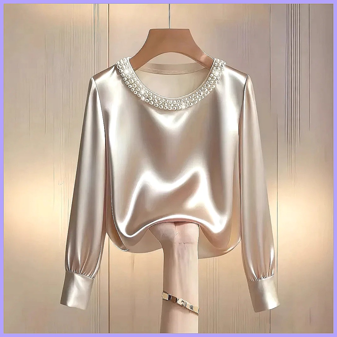 Elegant Beaded Satin Blouse fo - Silk Blouse Button recension och pris