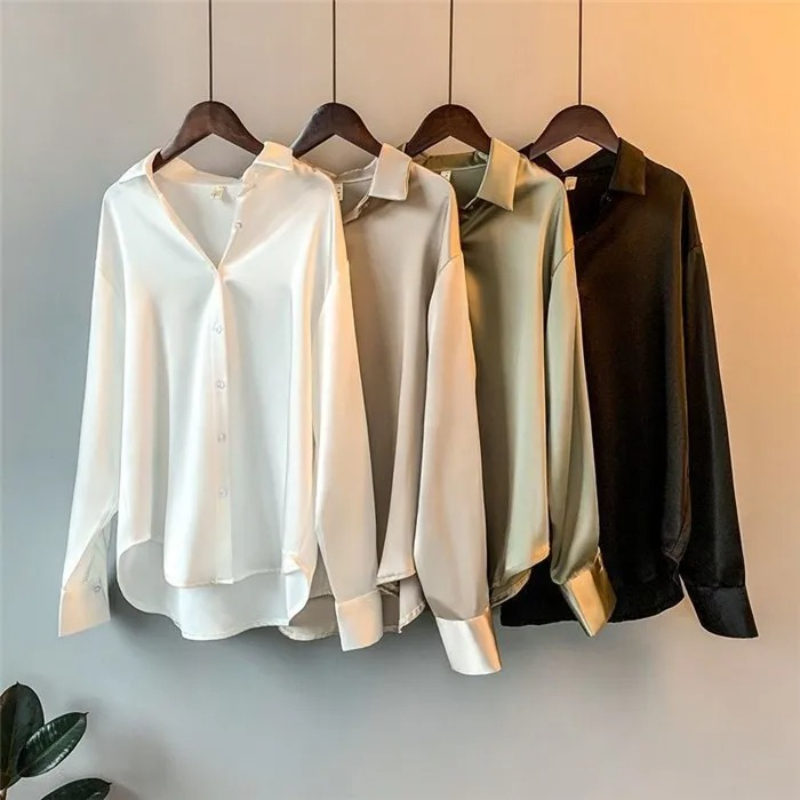2026 Elegant Satin Loose Women - Silk Blouse Button recension och pris