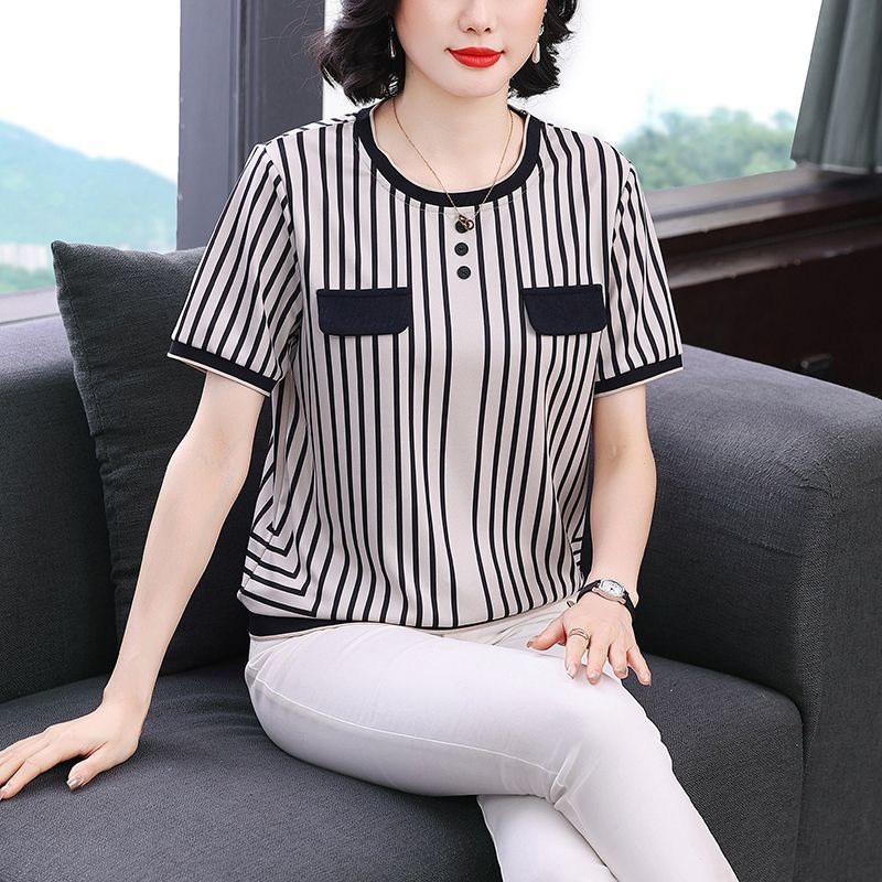 Women's Striped Ice Silk T-Shi - Silk Blouse Button recension och pris