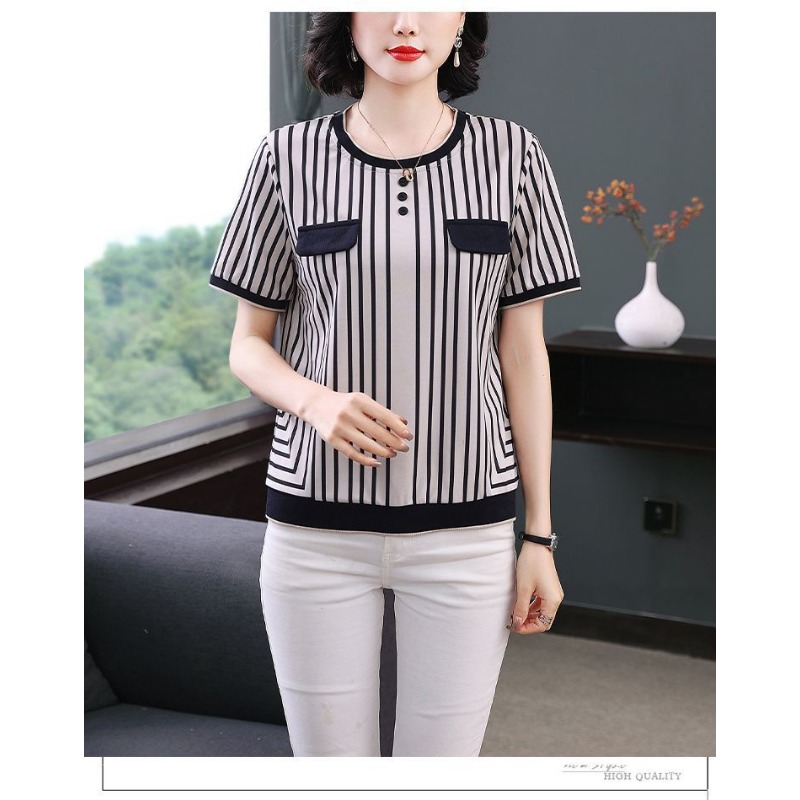 Women's Striped Ice Silk T-Shi - Silk Blouse Button recension och pris